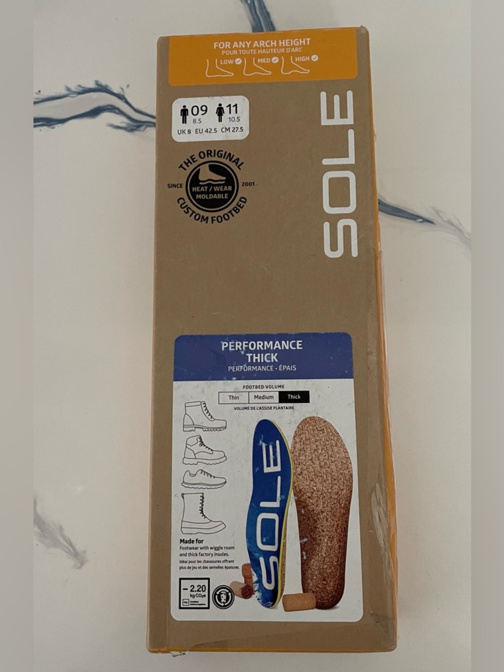 SOLE Performance Thick Insoles - Blue & Cork NEW men 9 women 11